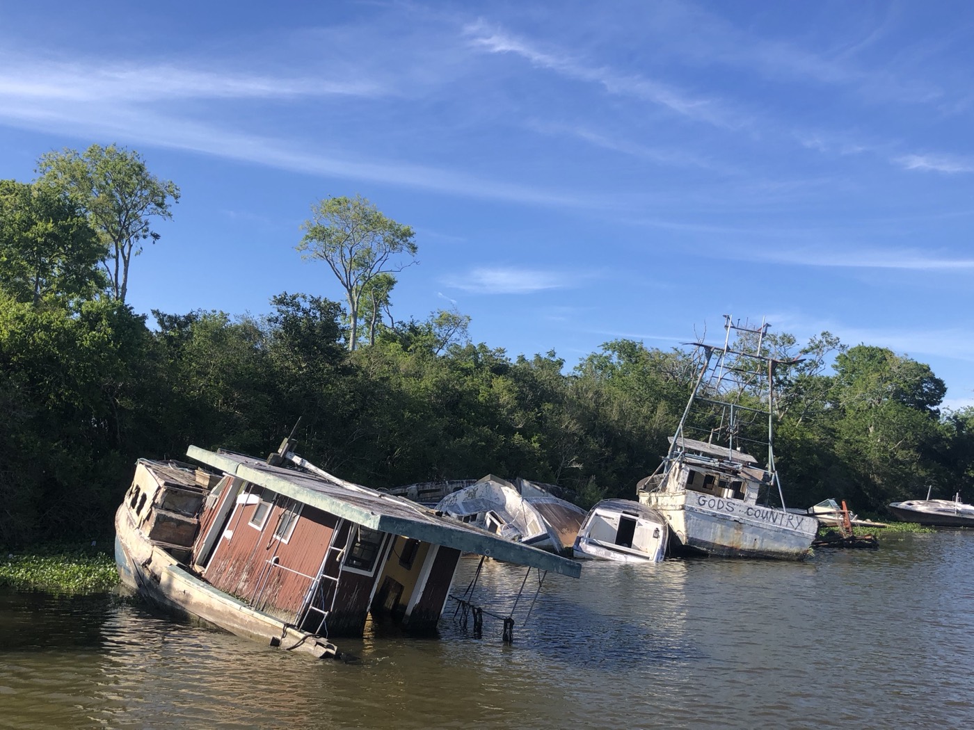 Half-sunken shipwrecks along the shoreline of Bayou Bienvenue seen from a kayak